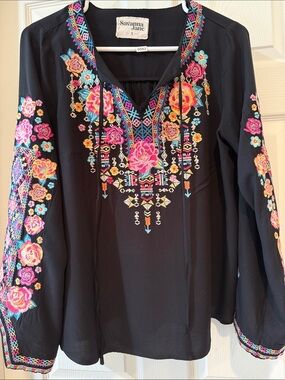 Savanna Jane Black Embroidered Boho Tunic with Pink & Multicolor Floral Detail